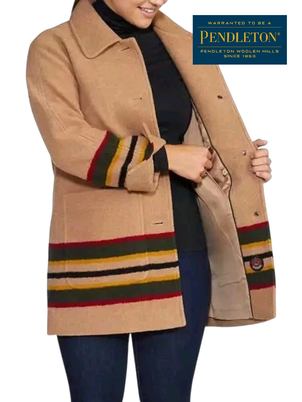 Pendleton Wool Topper Coat Camel Tan Striped Cuffs Hem Pockets Women Large NWOT - Picture 4 of 11